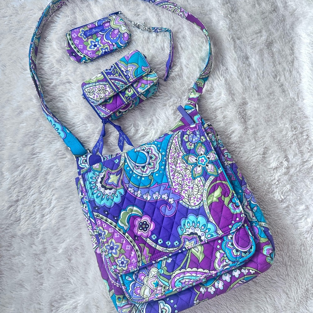 Vera Bradley Purple and Blue Crossbody wallet coin purse set Paisley
